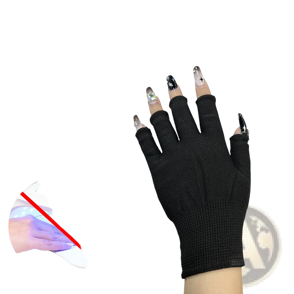Black fingerless uv protection gloves with textured knit fabric and reinforced wristband for nail care, back side view