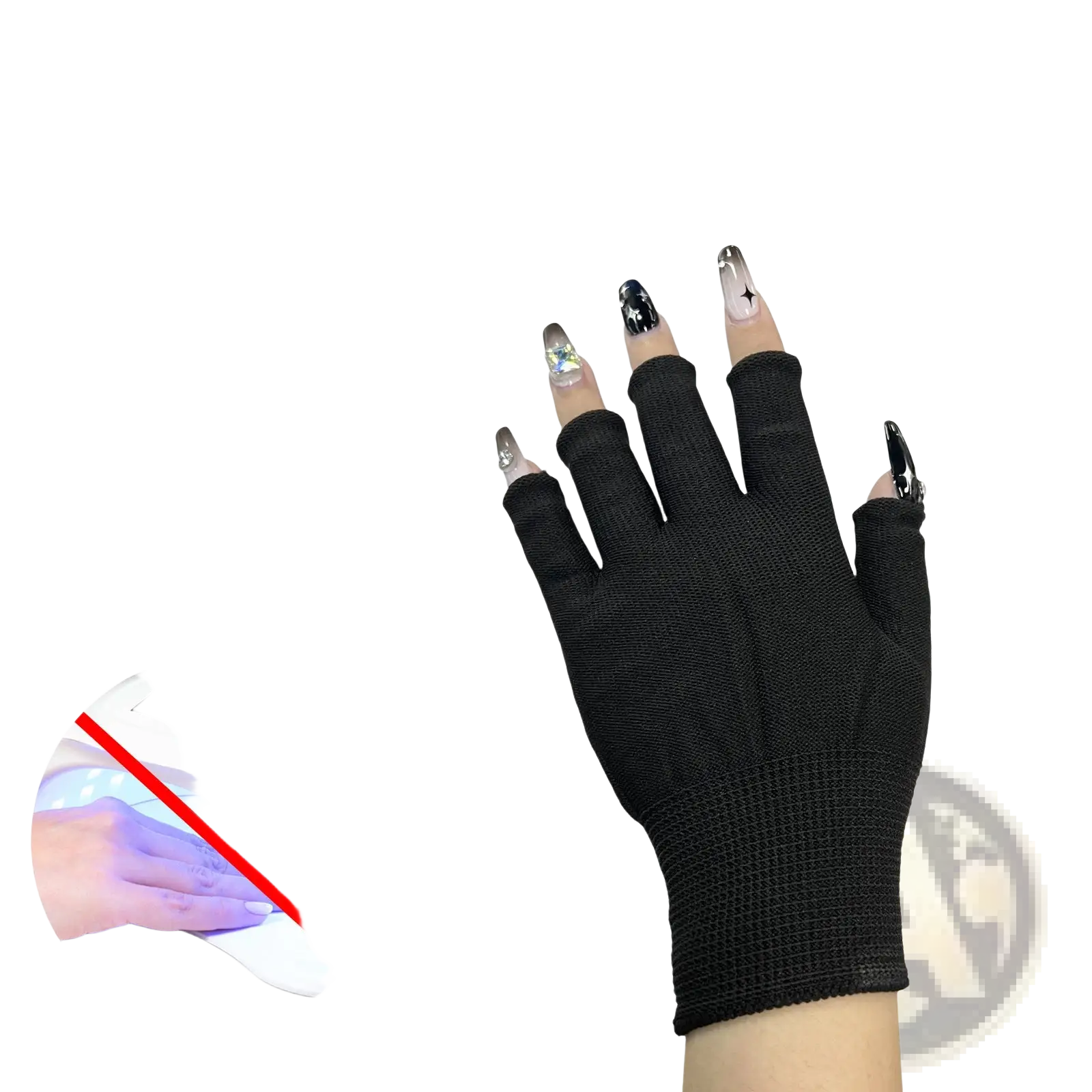 Black fingerless uv protection gloves with textured knit fabric and reinforced wristband for nail care, back side view