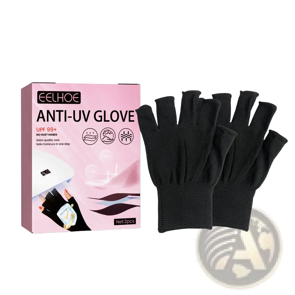 Black fingerless anti-uv gloves in a pink eelhoe box designed for uv protection and nail care use