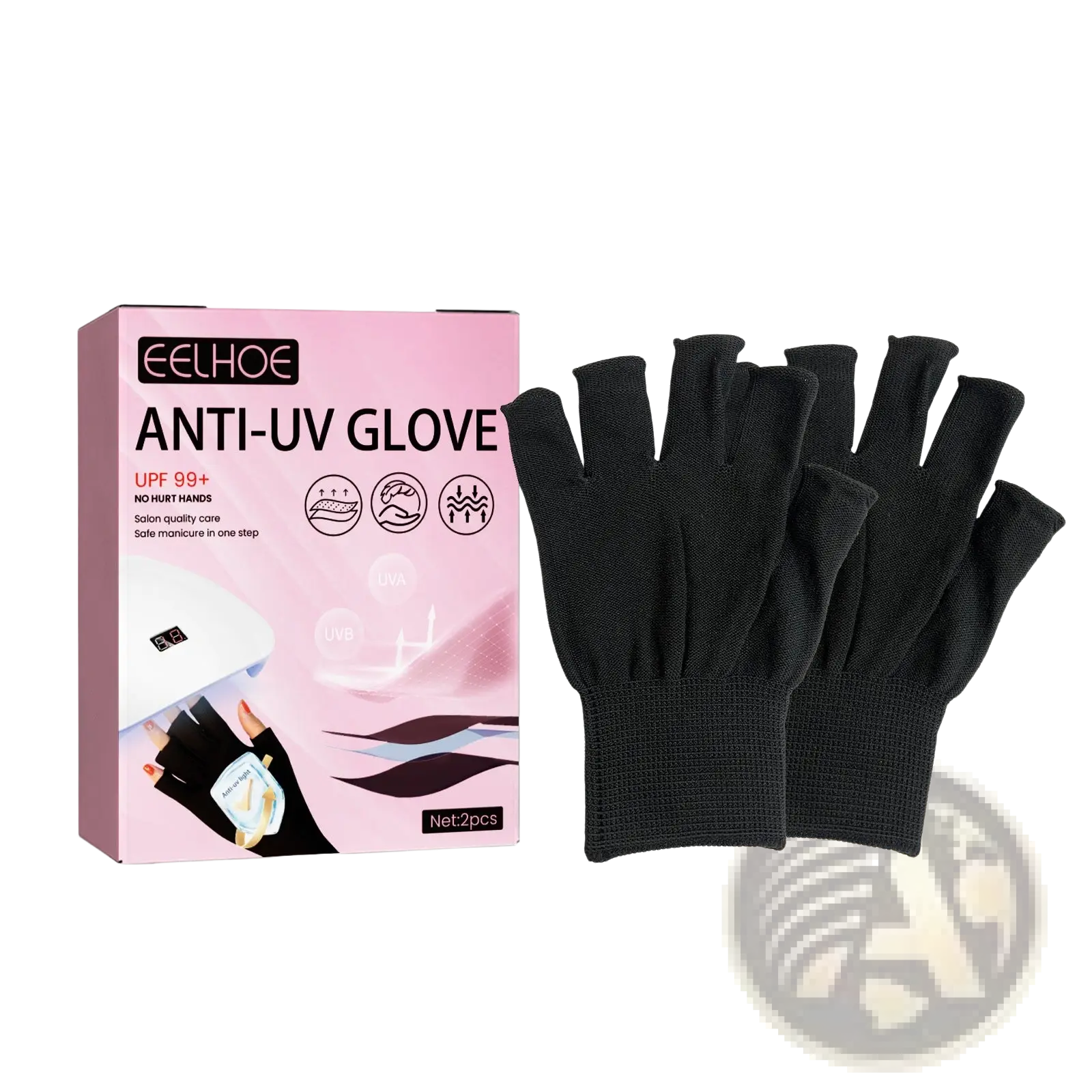 Black fingerless anti-uv gloves in a pink eelhoe box designed for uv protection and nail care use