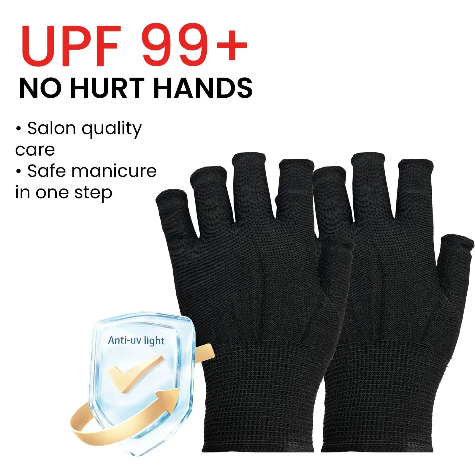 Black fingerless uv protection gloves made of textured fabric with reinforced wrist cuffs for nail care use