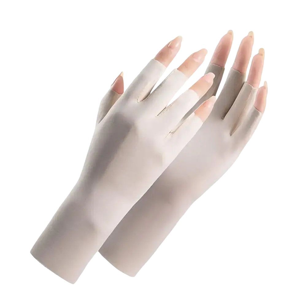Beige uv protection fingerless sunscreen driving gloves made of smooth stretchy fabric showing back of hands and wrists