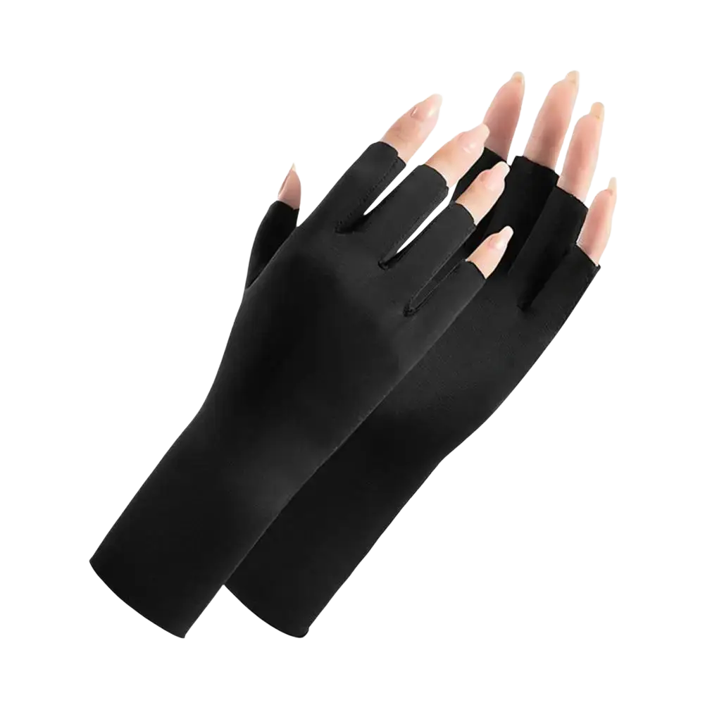 Black fingerless uv protection sunscreen driving gloves made of smooth stretchy fabric shown from the back side