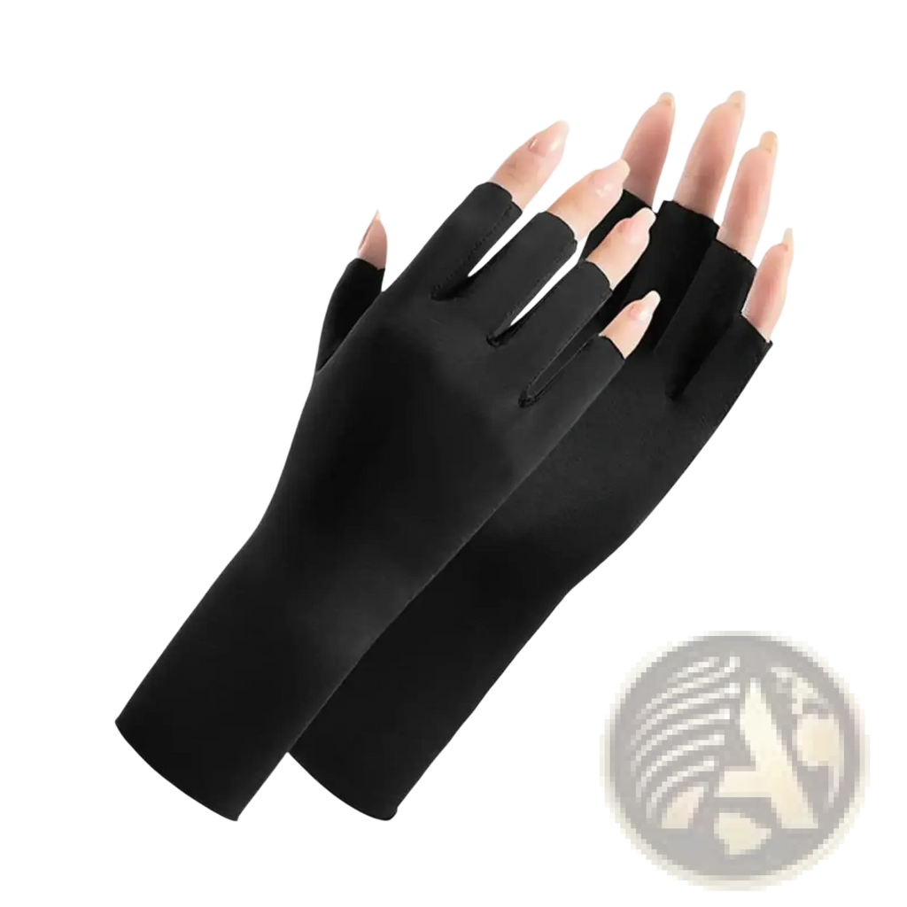 Black fingerless uv protection sunscreen driving gloves made of smooth stretchy fabric shown from the back side