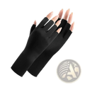 Black fingerless uv protection sunscreen driving gloves made of smooth stretchy fabric shown from the back side
