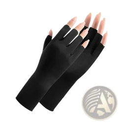 Black fingerless uv protection sunscreen driving gloves made of smooth stretchy fabric shown from the back side