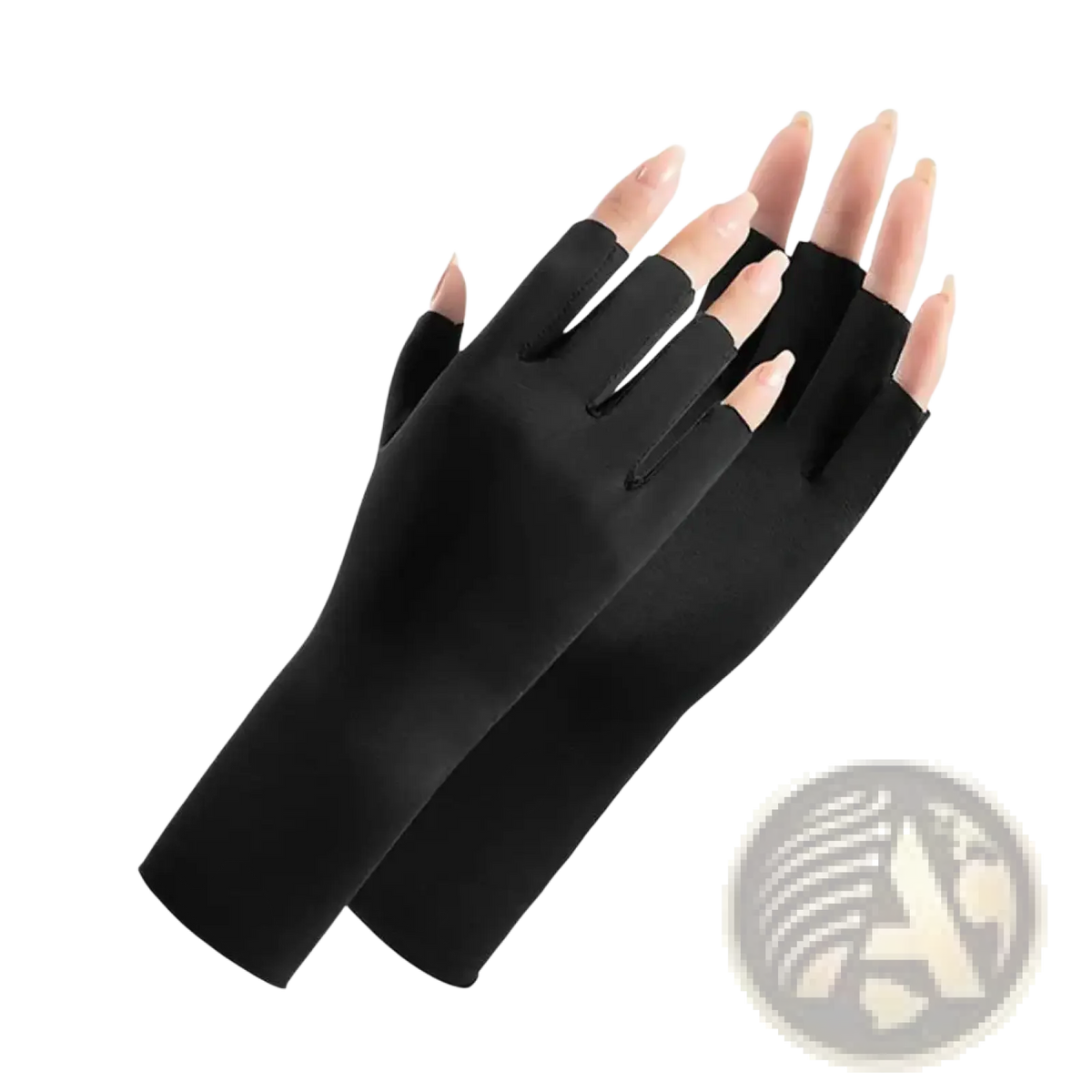 Black fingerless uv protection sunscreen driving gloves made of smooth stretchy fabric shown from the back side