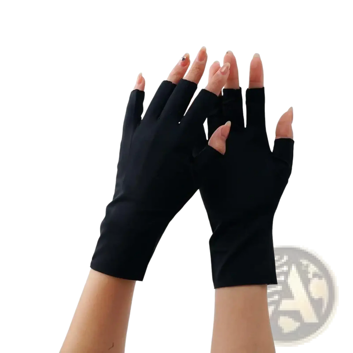 Black fingerless uv protection driving gloves made of smooth stretchy fabric shown from the back side