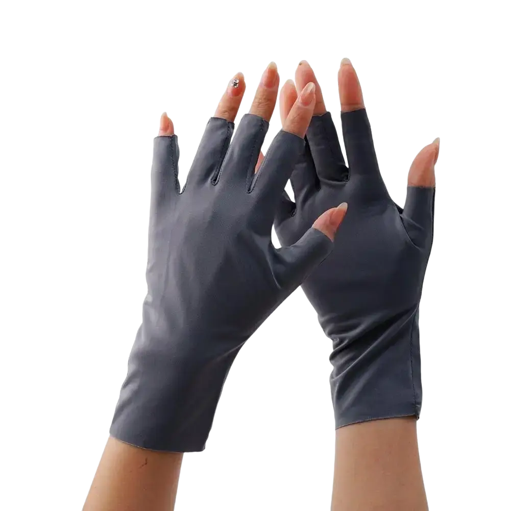 Dark gray uv protection fingerless sunscreen driving gloves made of smooth stretchy fabric covering back of hands and wrists