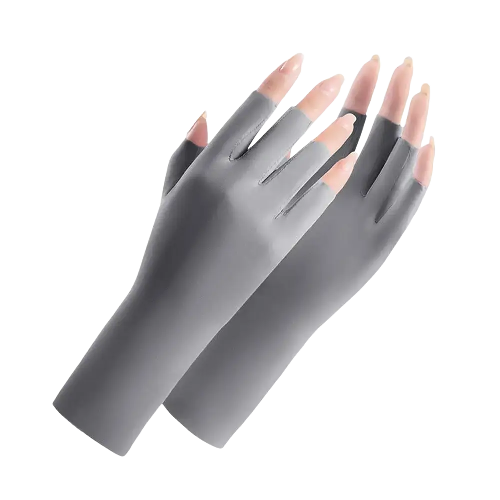 Gray fingerless uv protection driving gloves made of smooth stretchy fabric with a snug fit and open fingertips showing back side