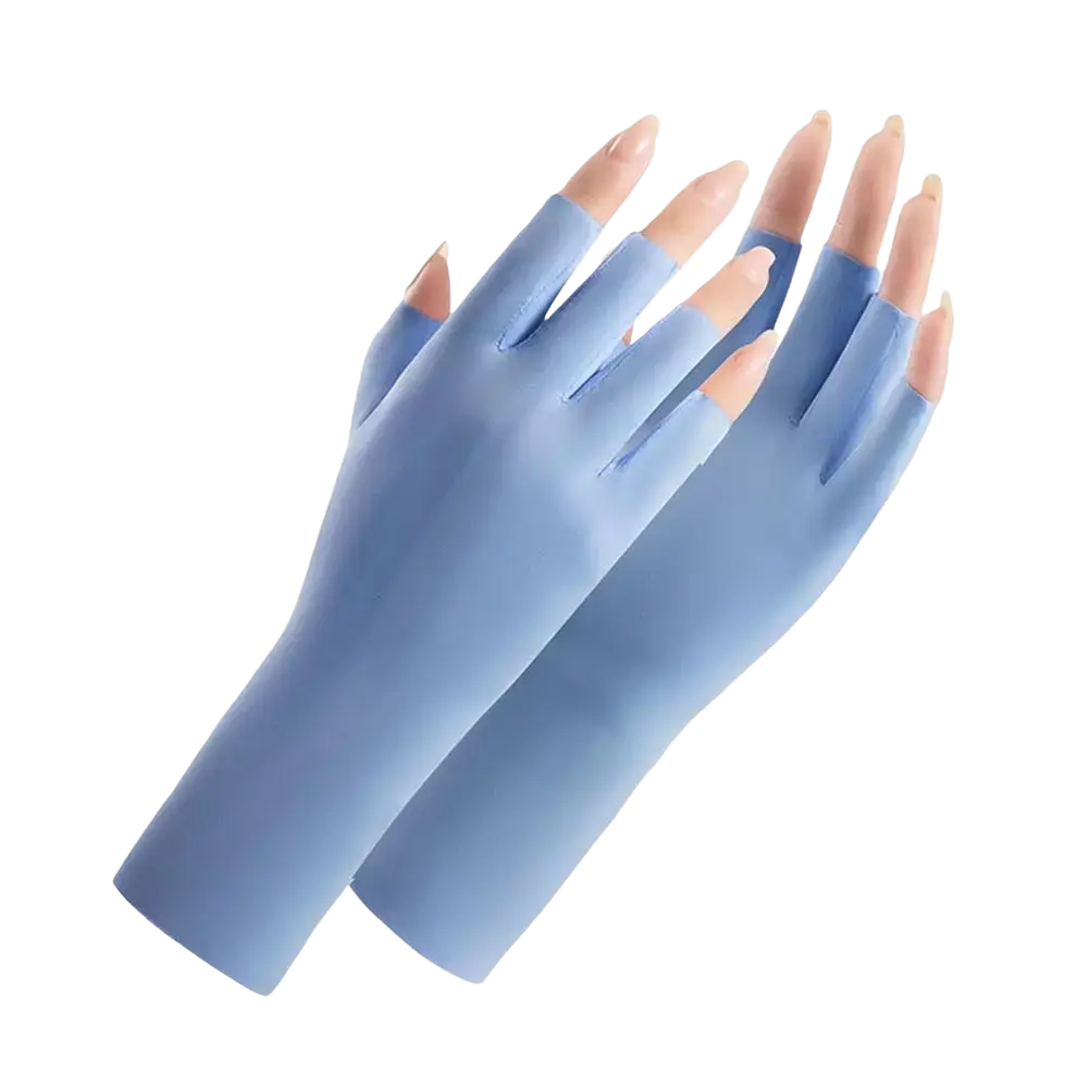 Light blue fingerless stretchy fabric uv protection gloves designed for sun protection and driving use