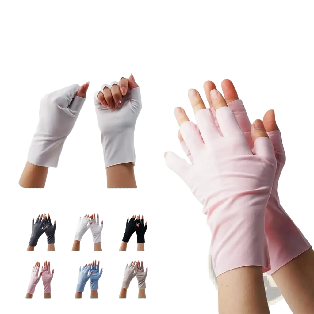 Pink uv protection fingerless sunscreen driving gloves made of lightweight breathable fabric shown from the back side