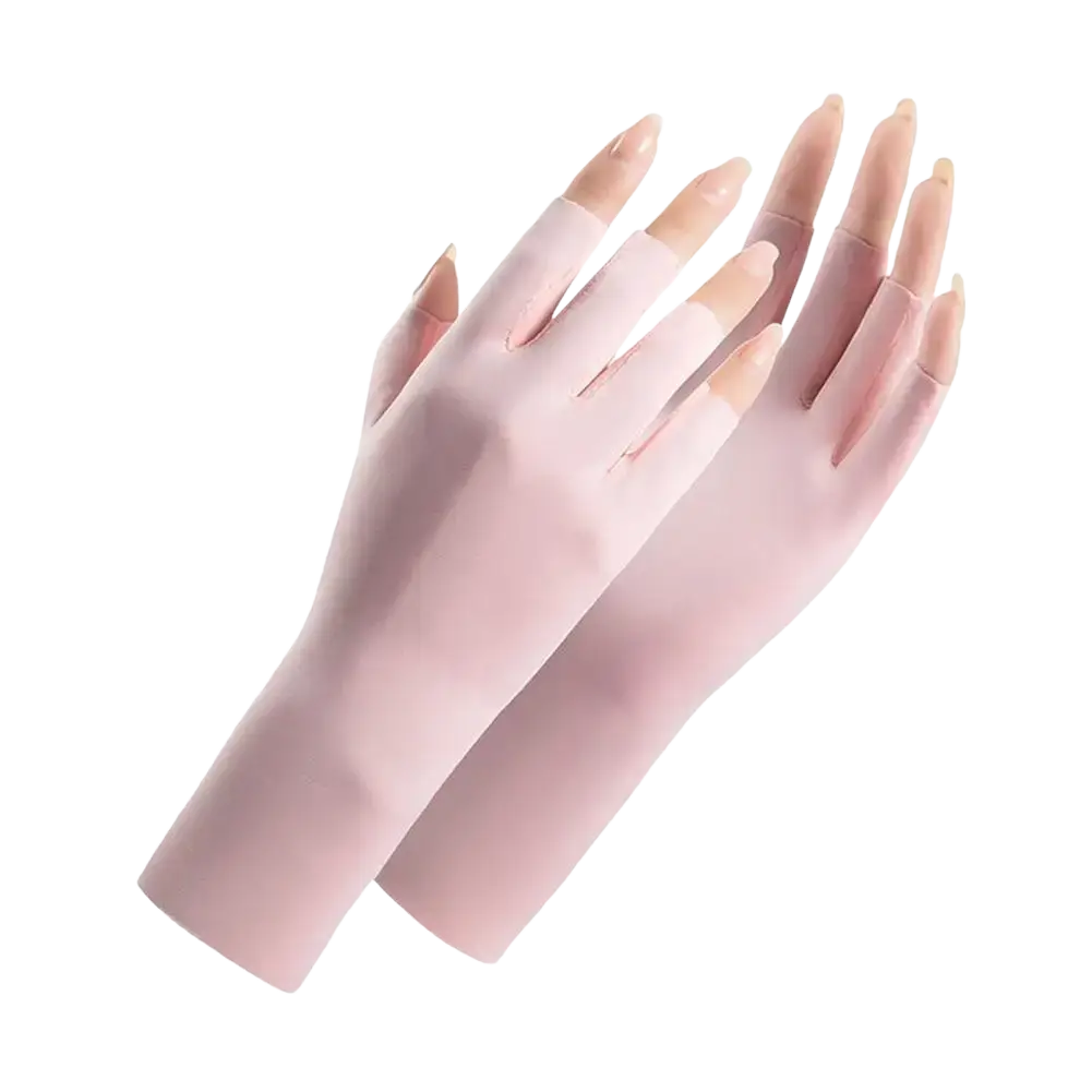 Pink fingerless stretchy fabric uv protection sunscreen driving gloves with smooth texture and tapered design back side