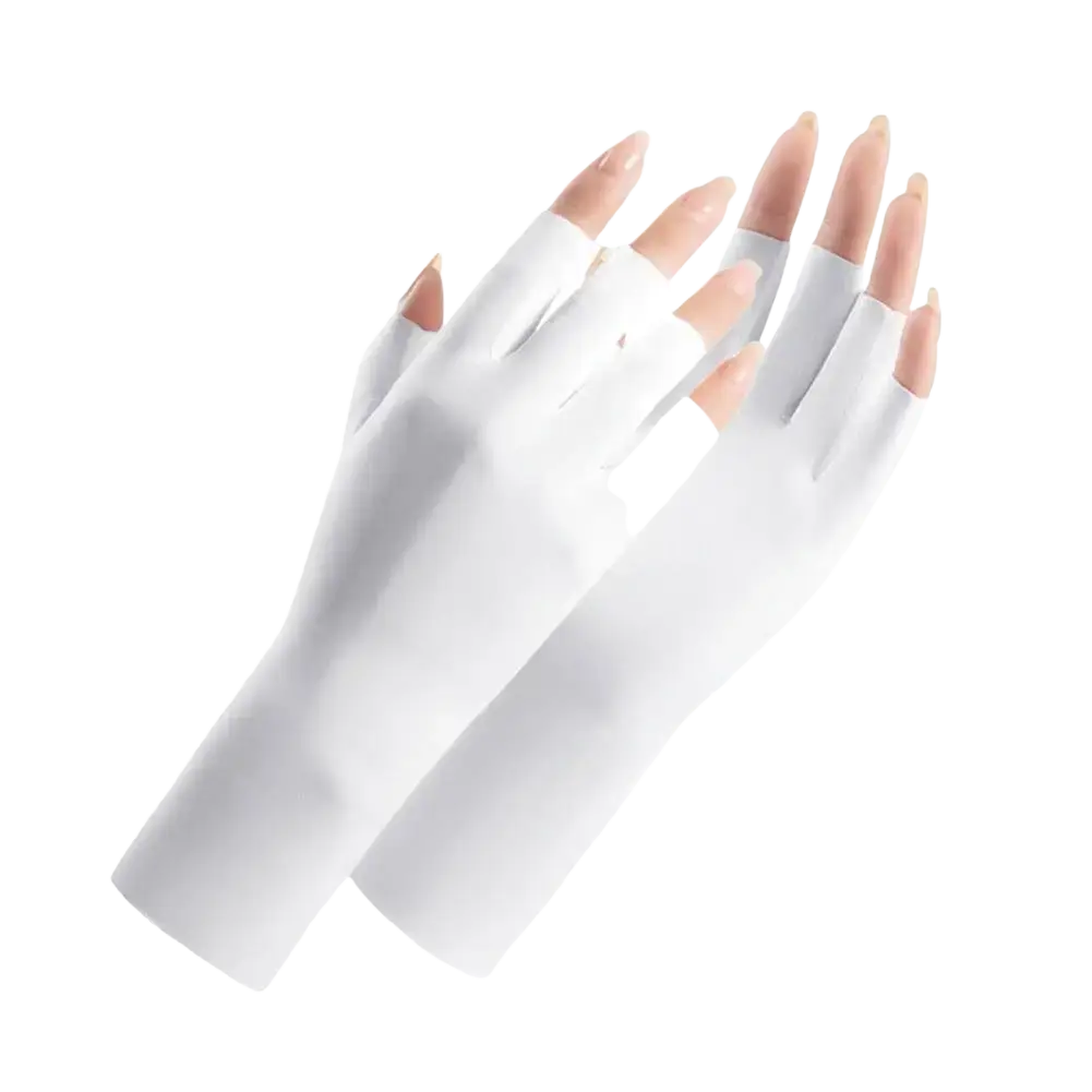 White fingerless uv protection driving gloves made of smooth stretchy fabric covering wrist and forearm