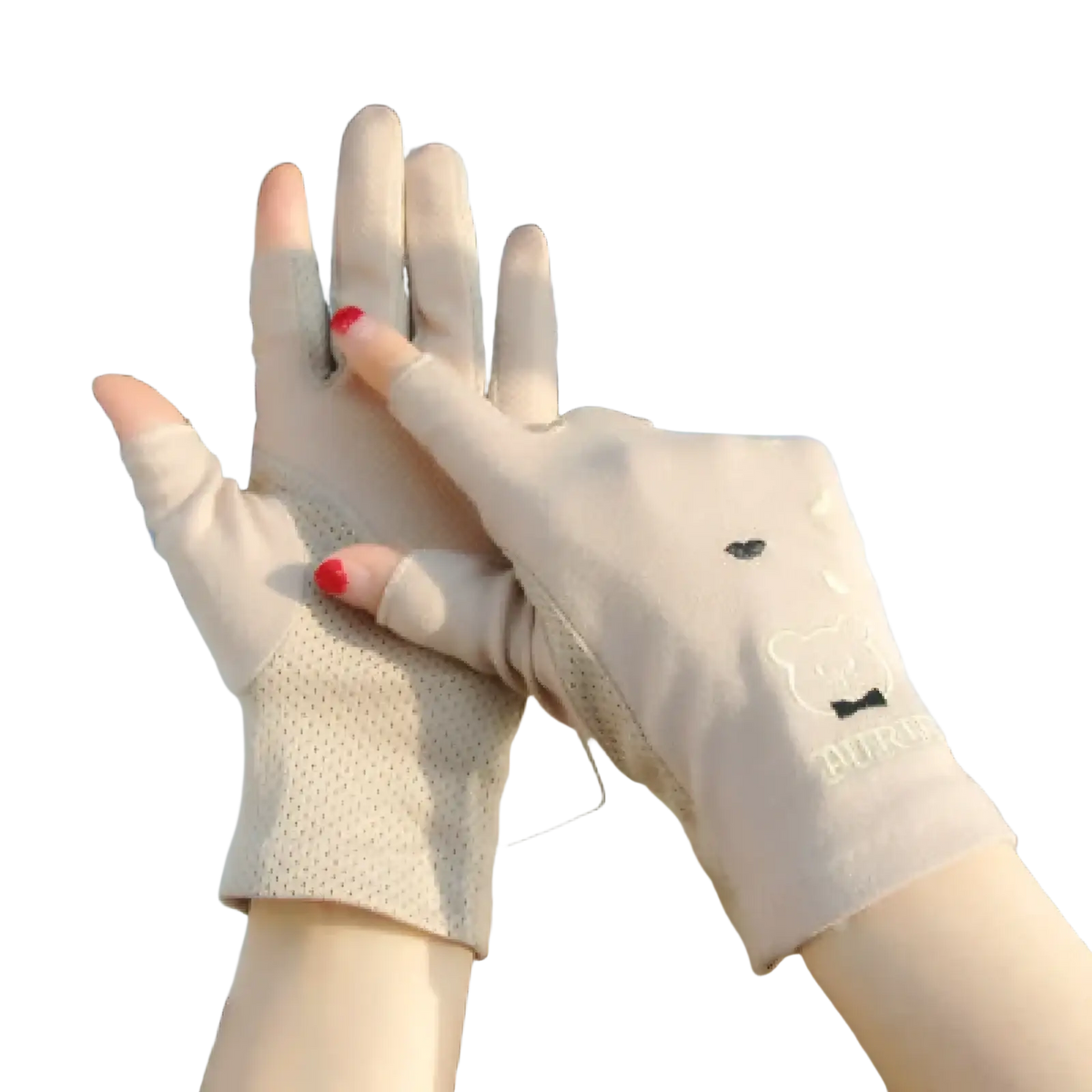 Beige fingerless uv protection manicure driving gloves for women with mesh pattern and embroidered bear on wrist back side