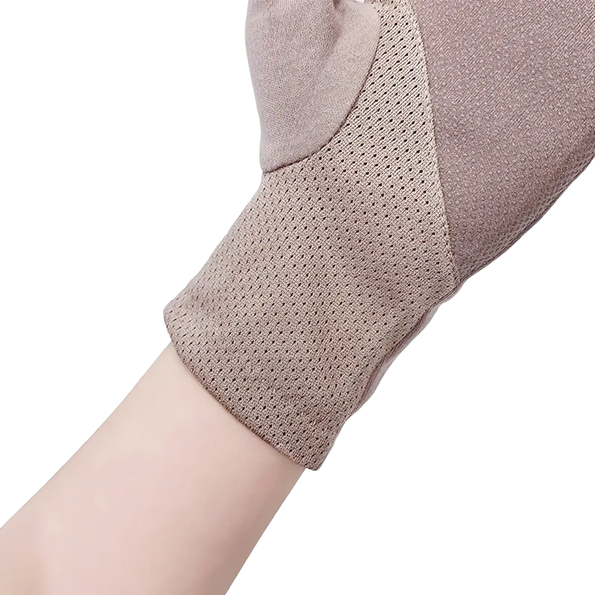 Beige uv protection manicure driving glove for women with snug fit mesh and solid fabric design