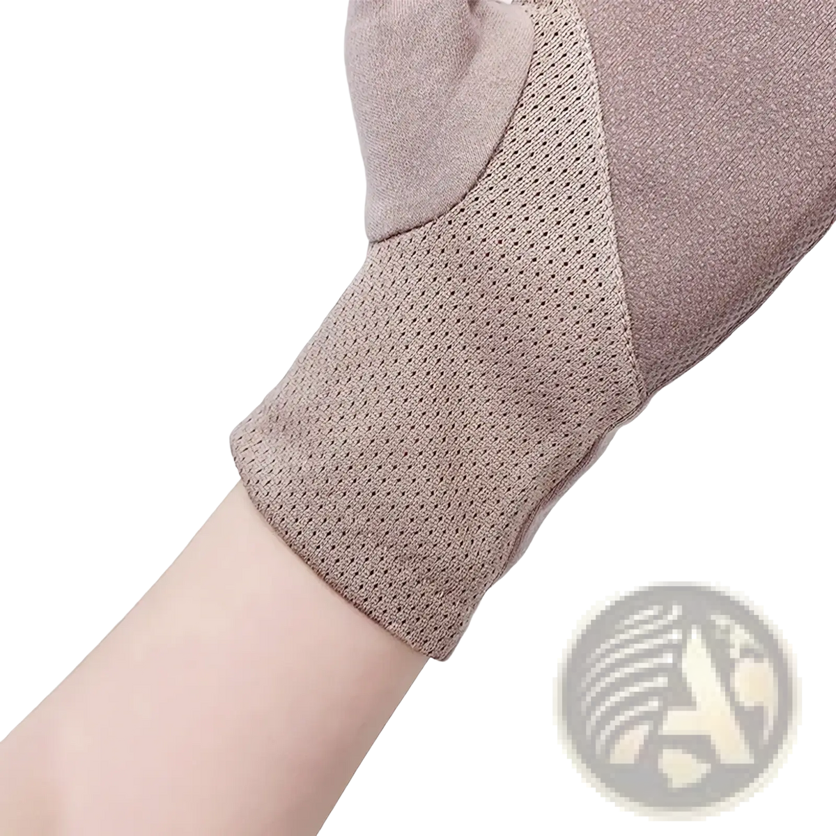 Beige uv protection manicure driving glove for women with snug fit mesh and solid fabric design