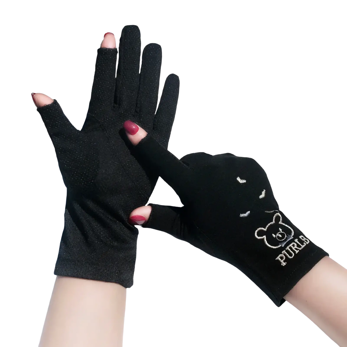 Black fingerless uv protection manicure driving gloves for women with subtle glittery texture and embroidered bear wrist design back side