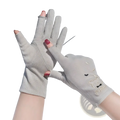 Light gray fingerless uv protection manicure driving gloves for women with embroidered bear face on wrist back side
