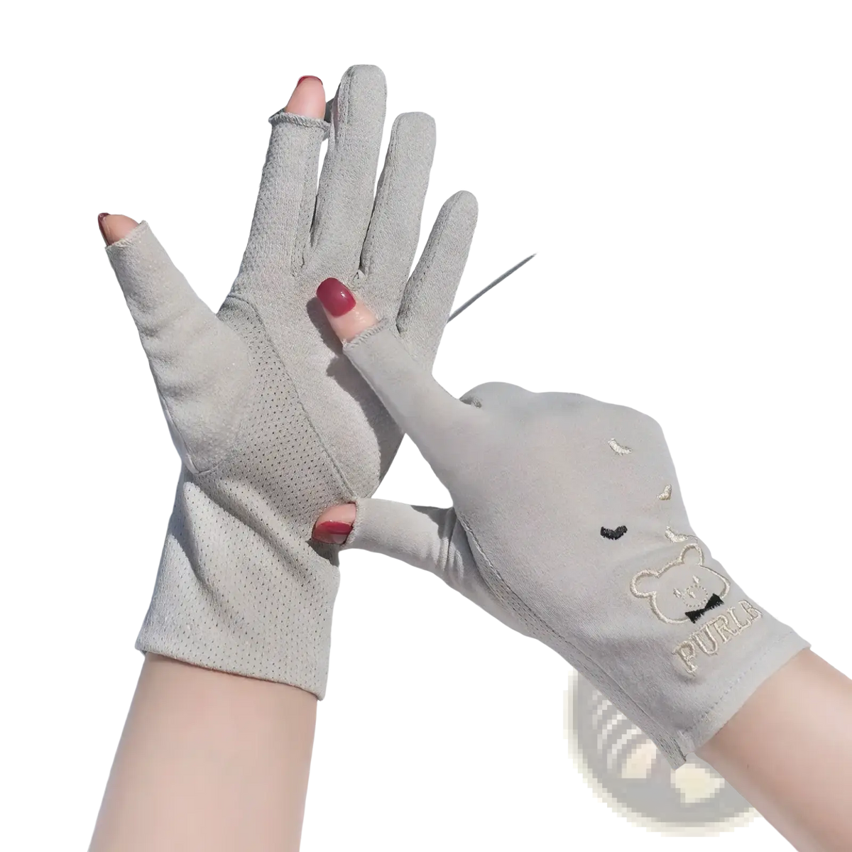 Light gray fingerless uv protection manicure driving gloves for women with embroidered bear face on wrist back side