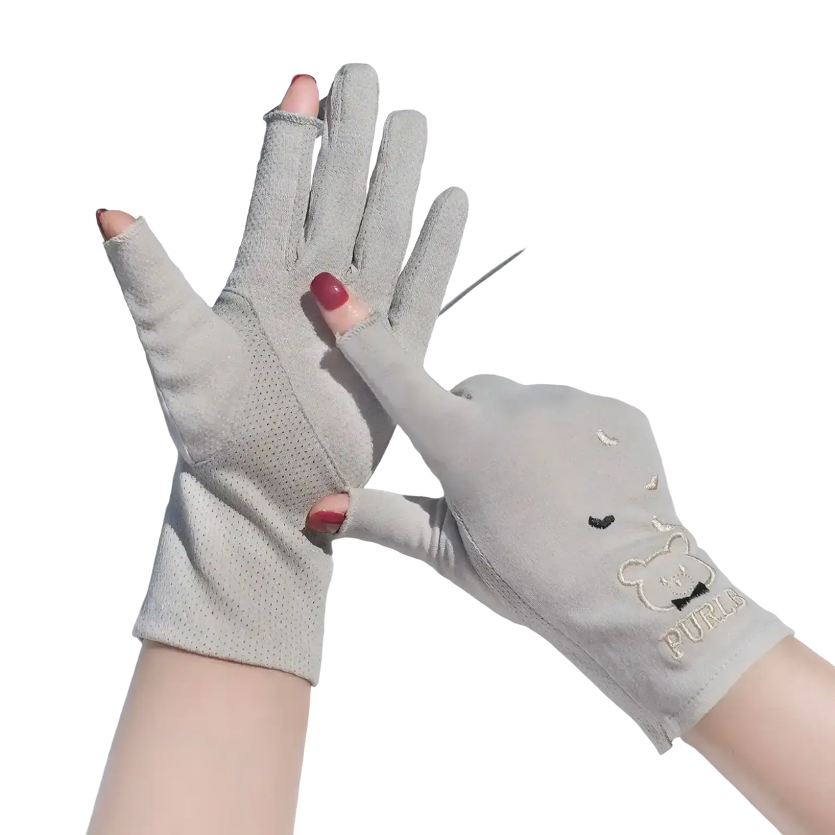 Light gray mesh fingerless driving gloves with embroidered bear face for women providing protection manicure driving