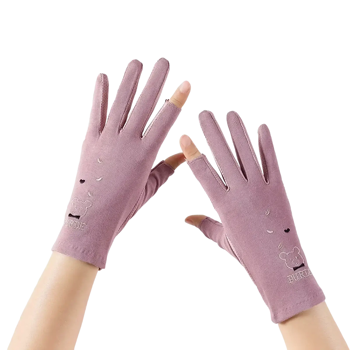 Pair of lavender fingerless driving gloves with embroidered bear faces offering uv protection manicure driving benefits