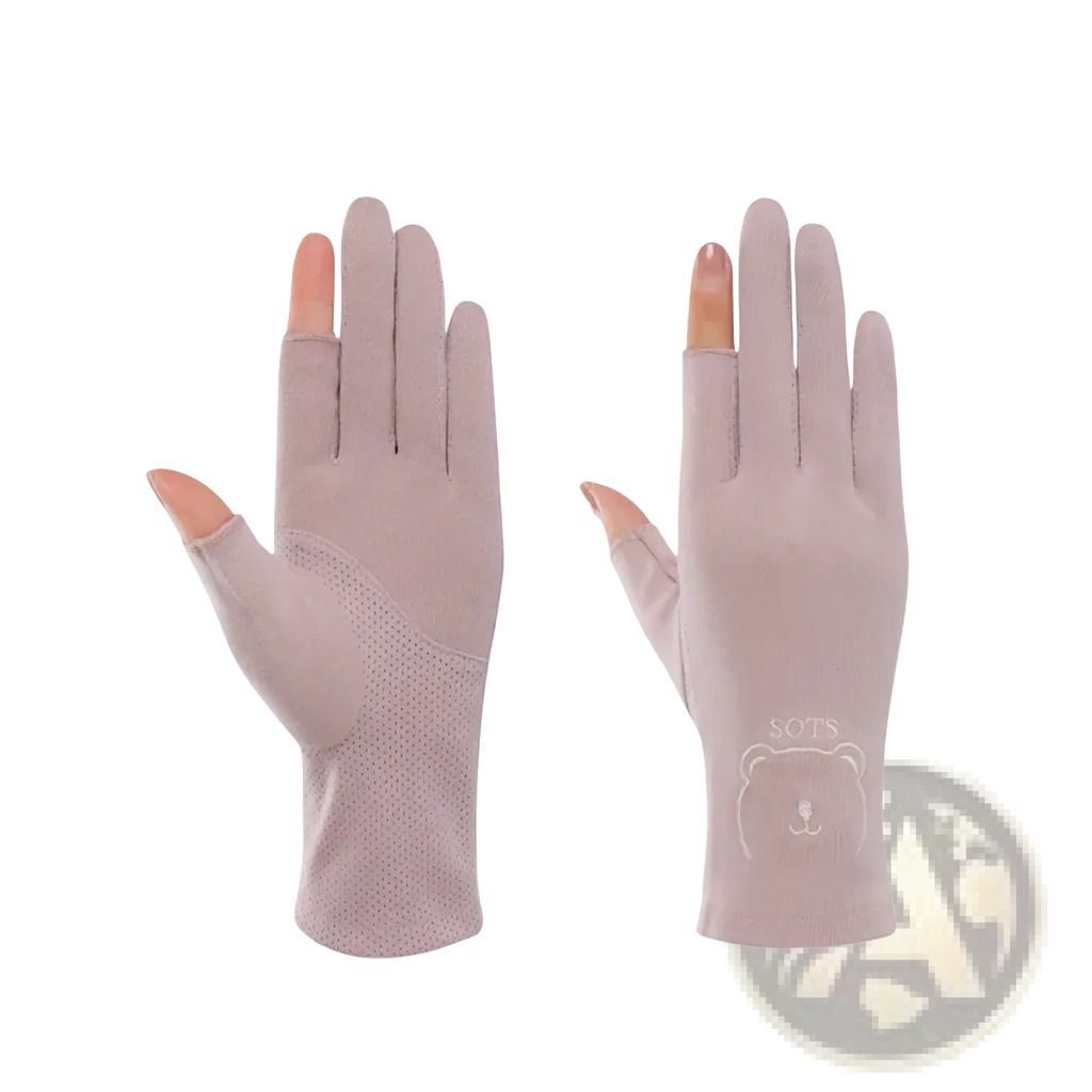 A pair of light pink fingerless uv protection manicure driving gloves with mesh panel and bear logo on the back side