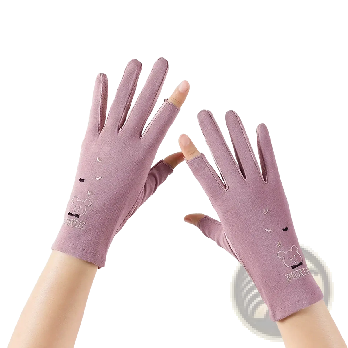 A pair of soft lavender uv protection manicure driving gloves for women with embroidered bear face on wrist