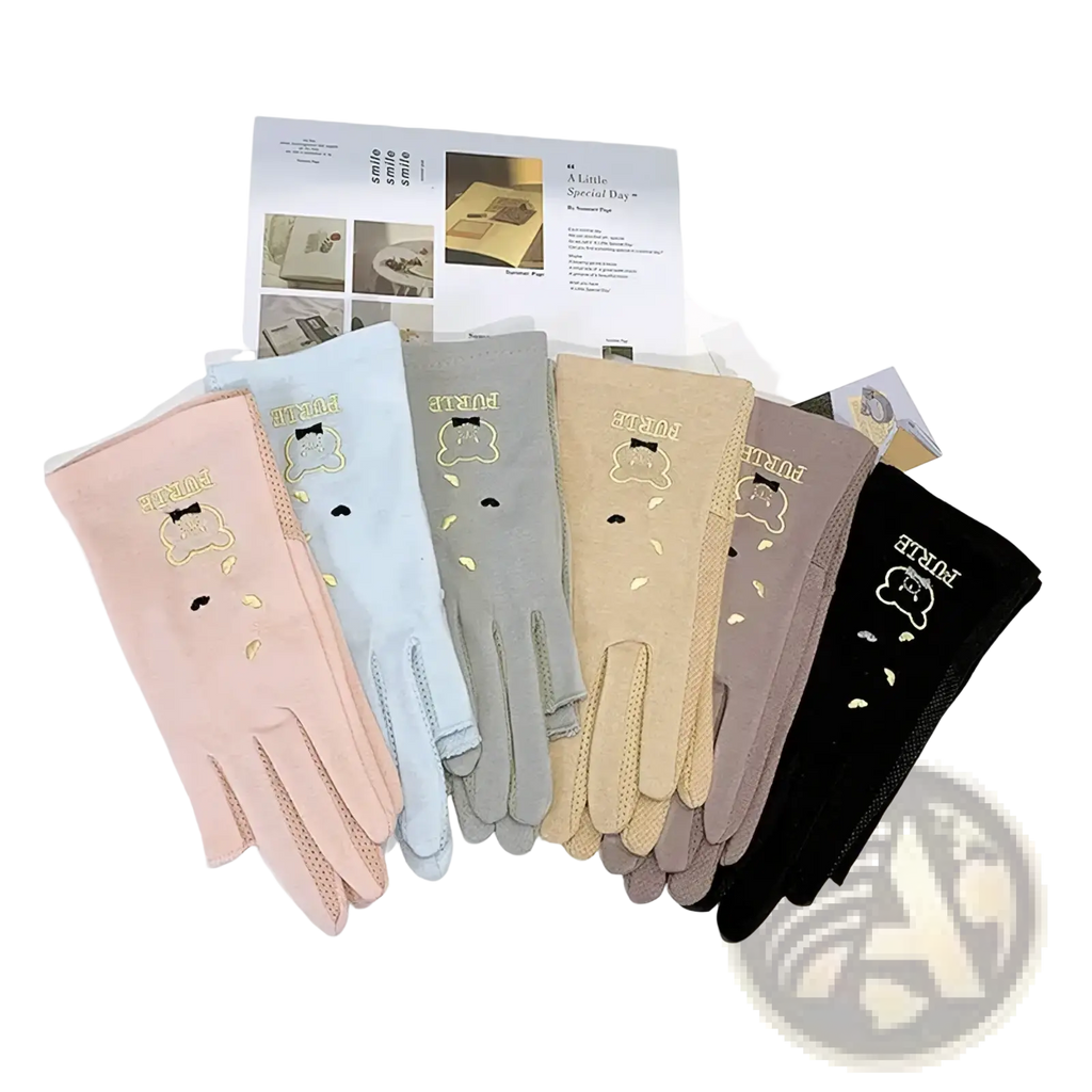 Pastel-colored knit uv protection manicure driving gloves for women with embroidered bear faces and gold purle text on the back side