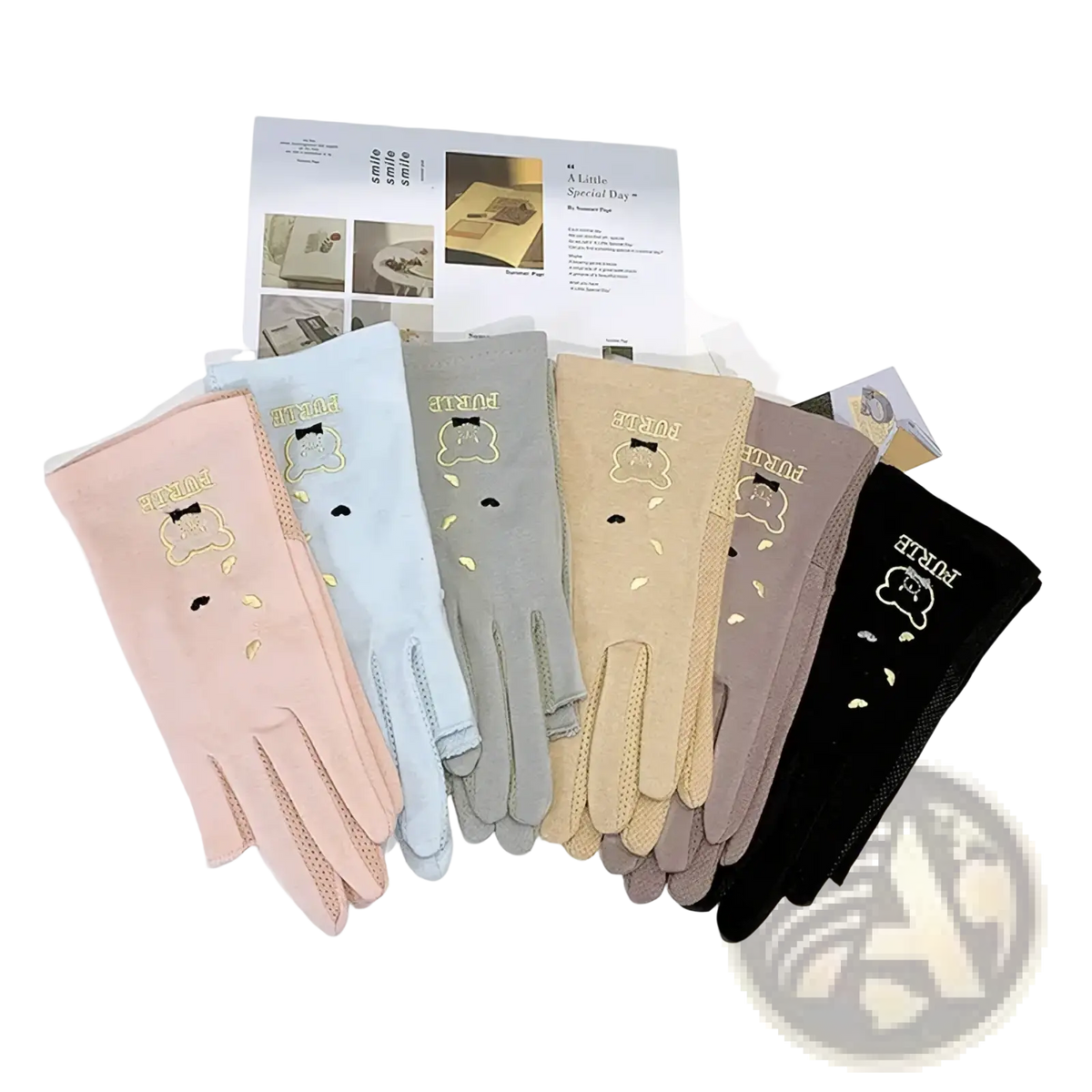Pastel-colored knit uv protection manicure driving gloves for women with embroidered bear faces and gold purle text on the back side