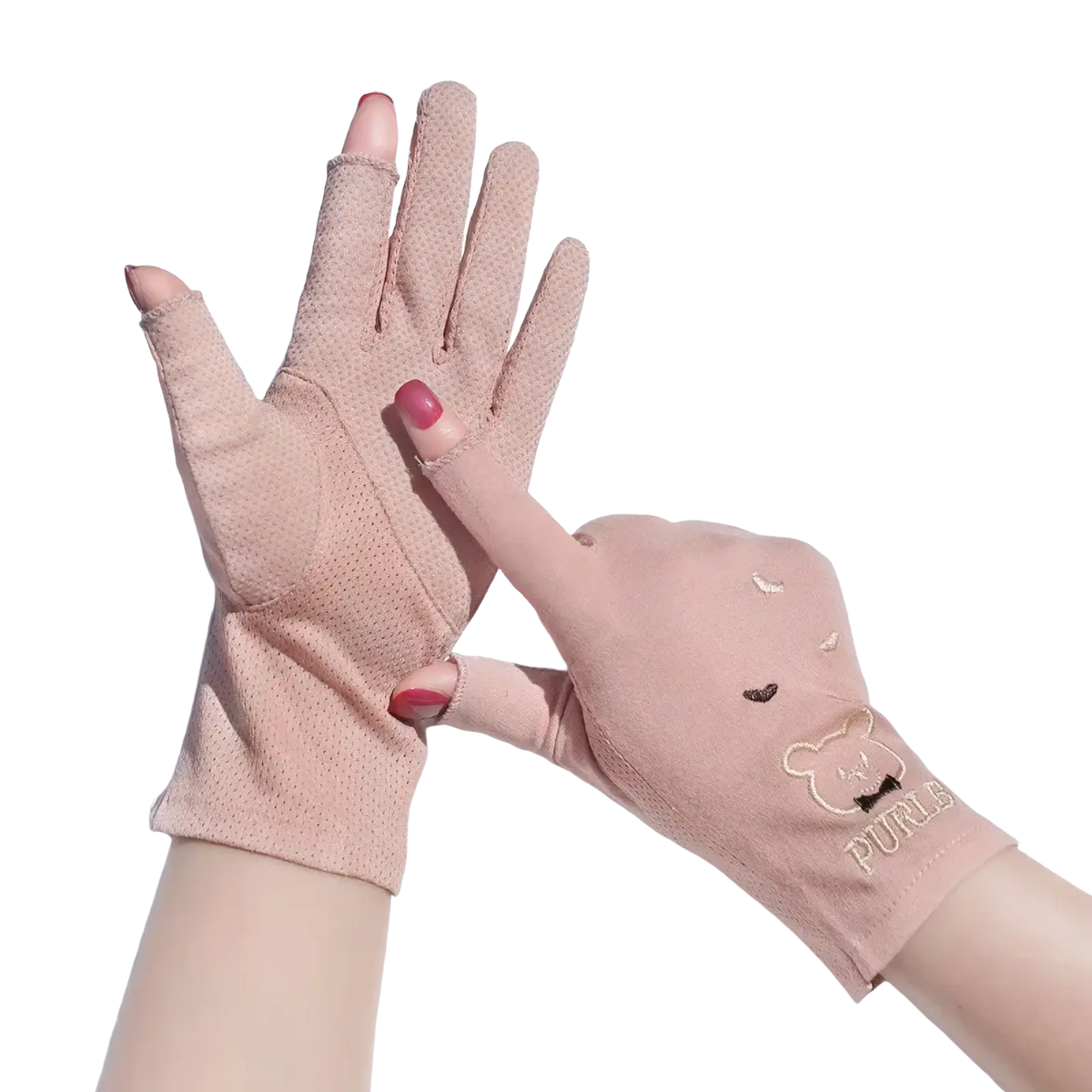 Pink fingerless uv protection manicure driving gloves for women with embroidered bear face and purlo logo on wrist back side