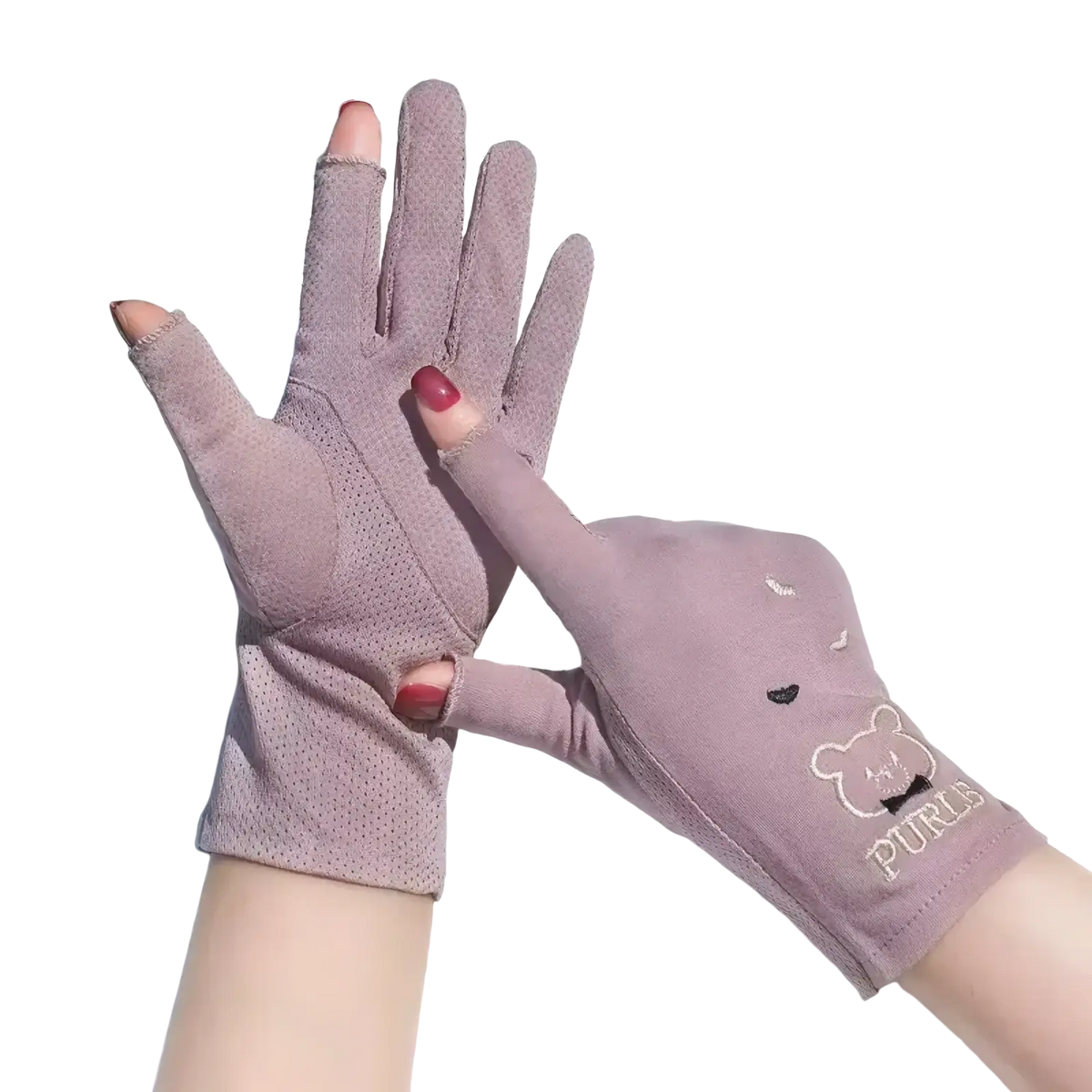 Pink fingerless uv protection manicure driving gloves for women with bear face embroidery and pures branding on wrist back side