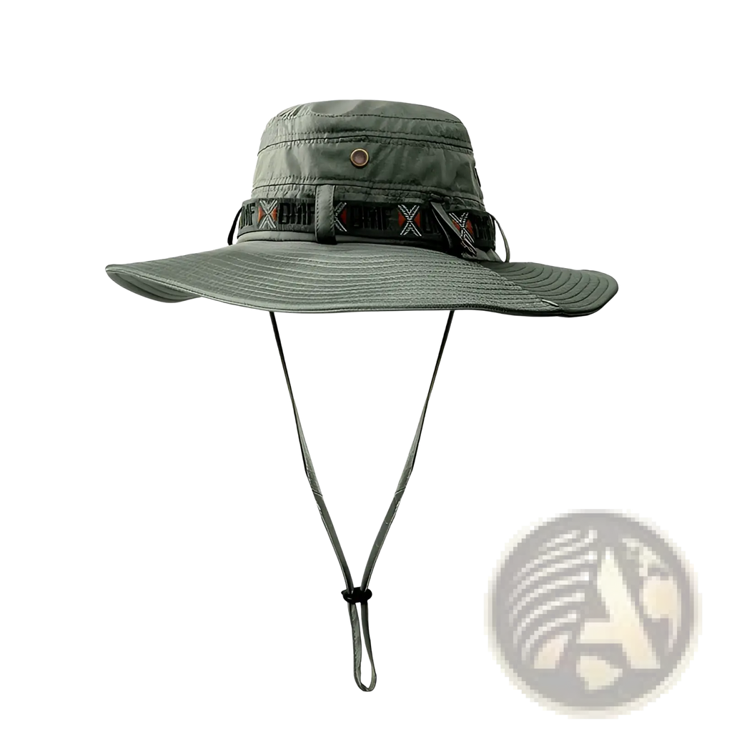 Olive green men’s wide brim utility bucket hat with uv protection, adjustable chin strap, and decorative woven band
