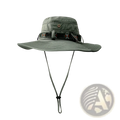 Olive green men’s wide brim utility bucket hat with uv protection, adjustable chin strap, and decorative woven band