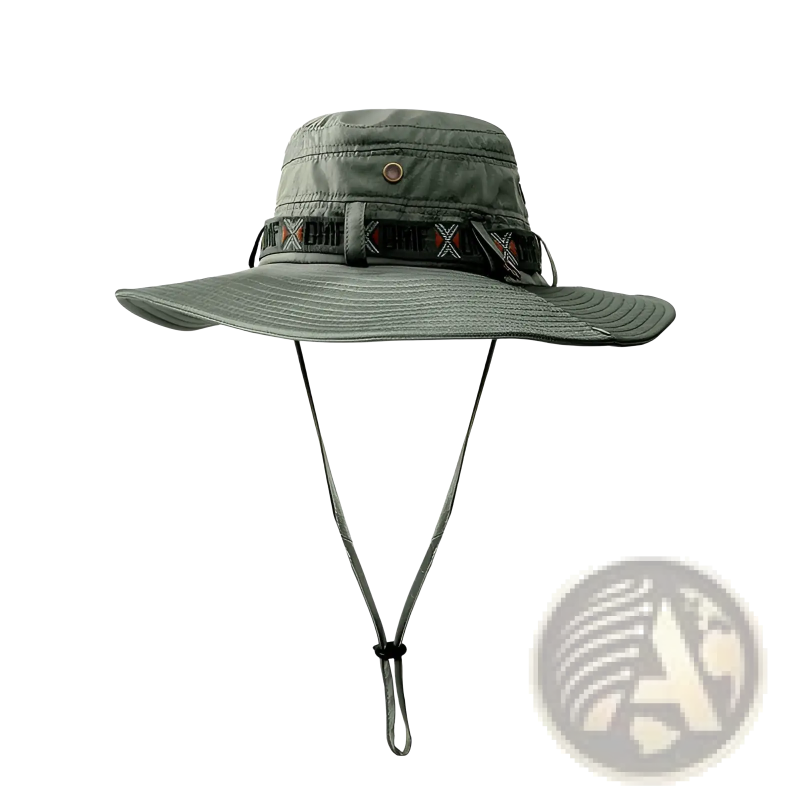 Olive green men’s wide brim utility bucket hat with uv protection, adjustable chin strap, and decorative woven band