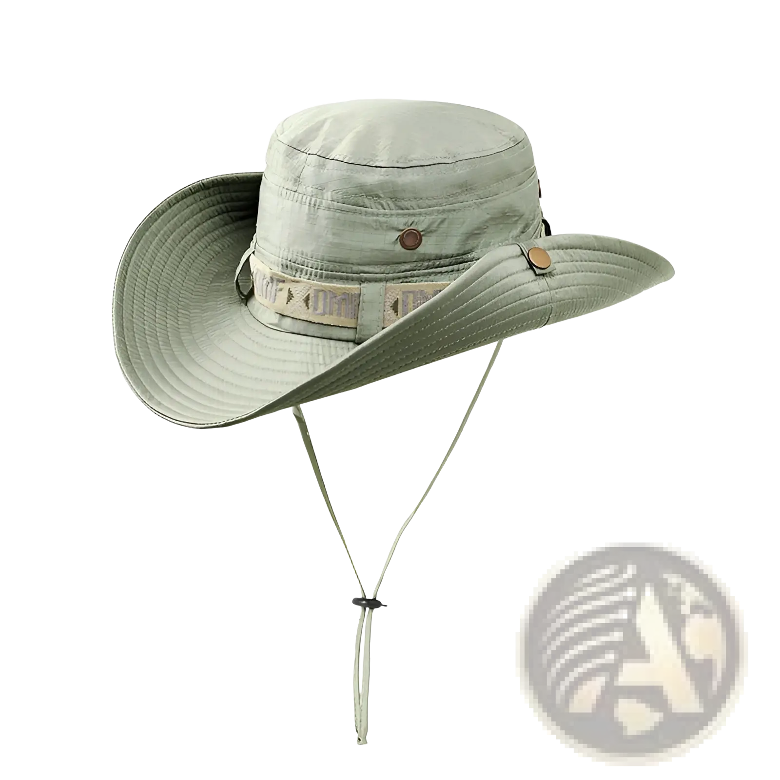 Beige wide brim utility bucket hat with uv protection adjustable chin strap and brown button accents for men