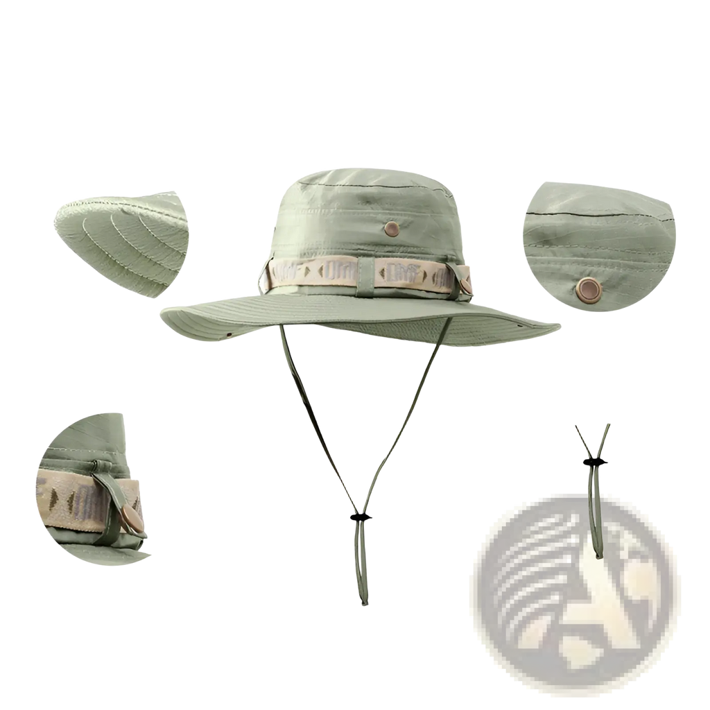 Olive green uv protection men’s wide brim utility bucket hat with adjustable chin strap and tan patterned fabric band