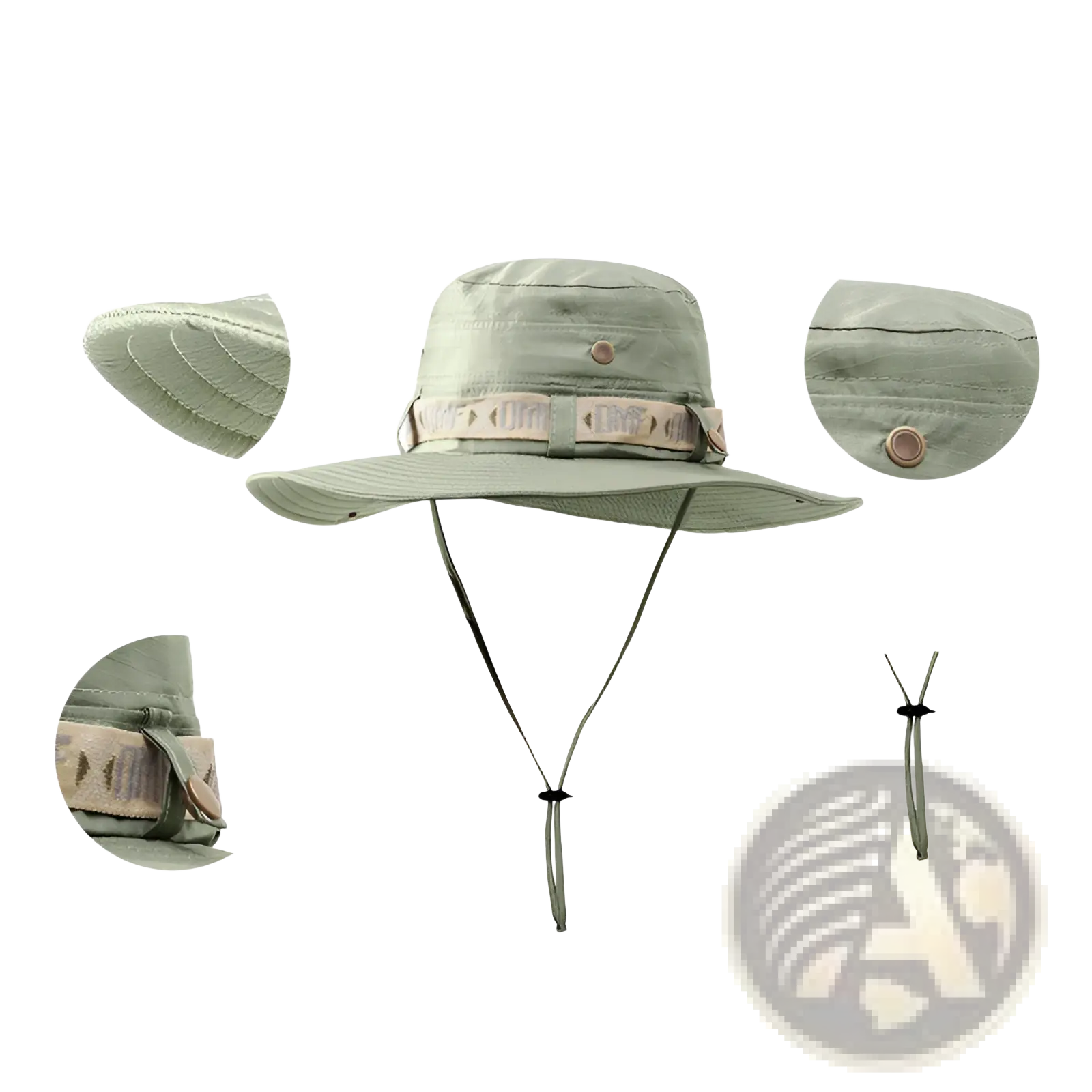 Olive green uv protection men’s wide brim utility bucket hat with adjustable chin strap and tan patterned fabric band