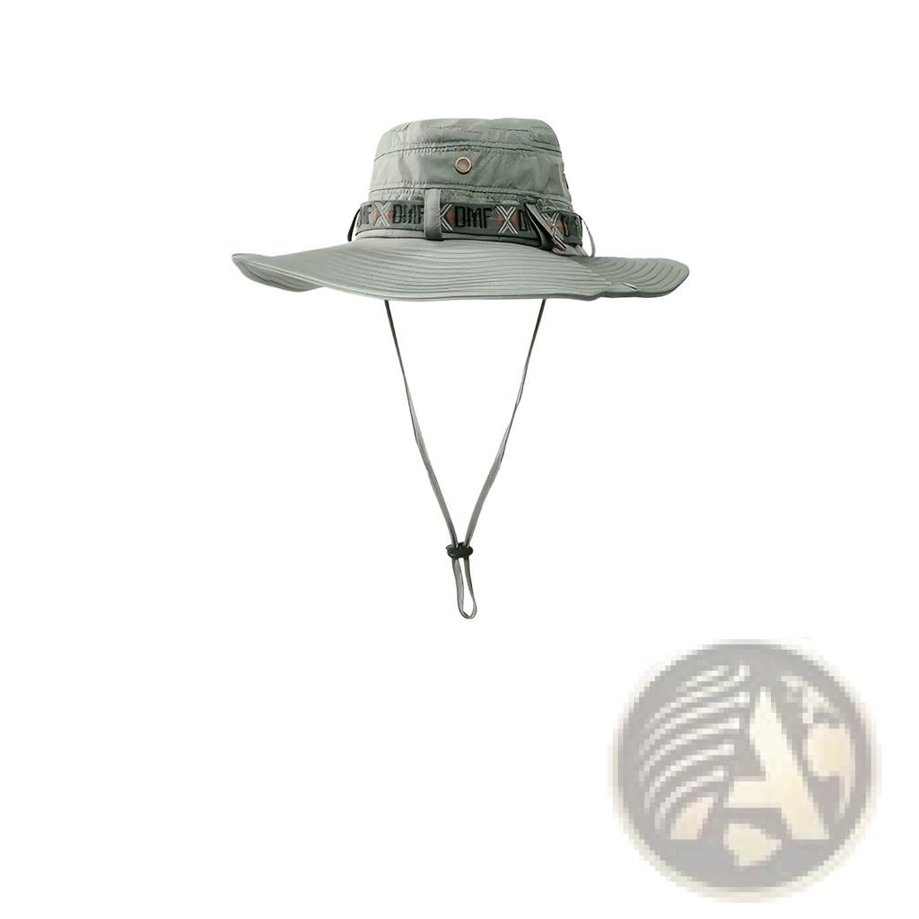 Uv protection men’s wide brim utility bucket hat in olive green with gray wide brim, patterned band, and adjustable chin strap