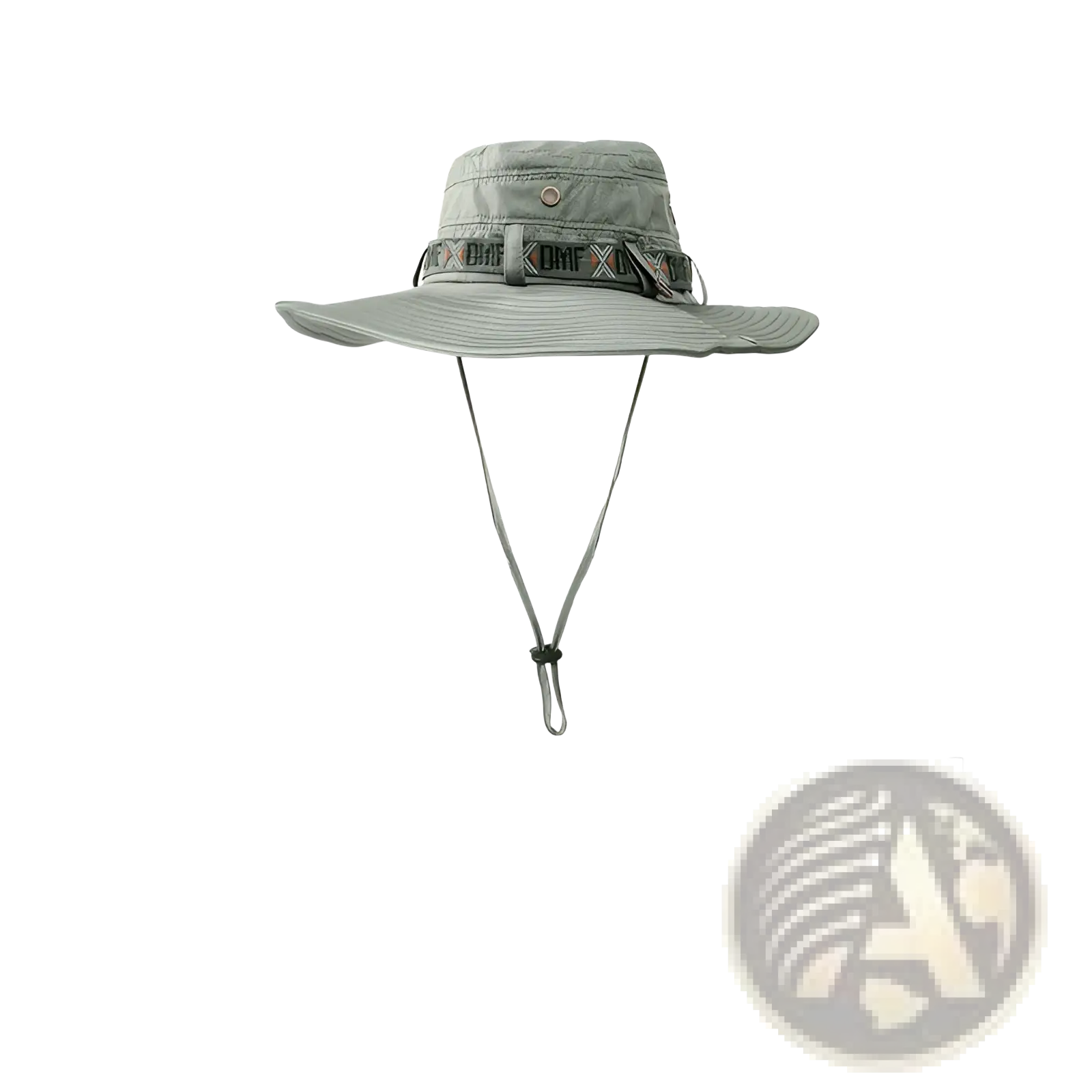 Uv protection men’s wide brim utility bucket hat in olive green with gray wide brim, patterned band, and adjustable chin strap