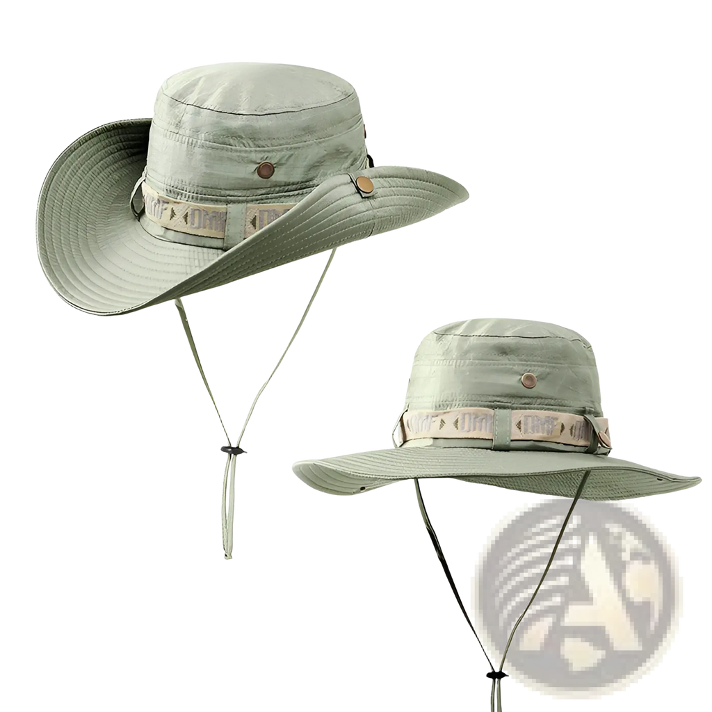 Uv protection men’s wide brim utility bucket hat in olive green durable light green fabric with adjustable chin strap
