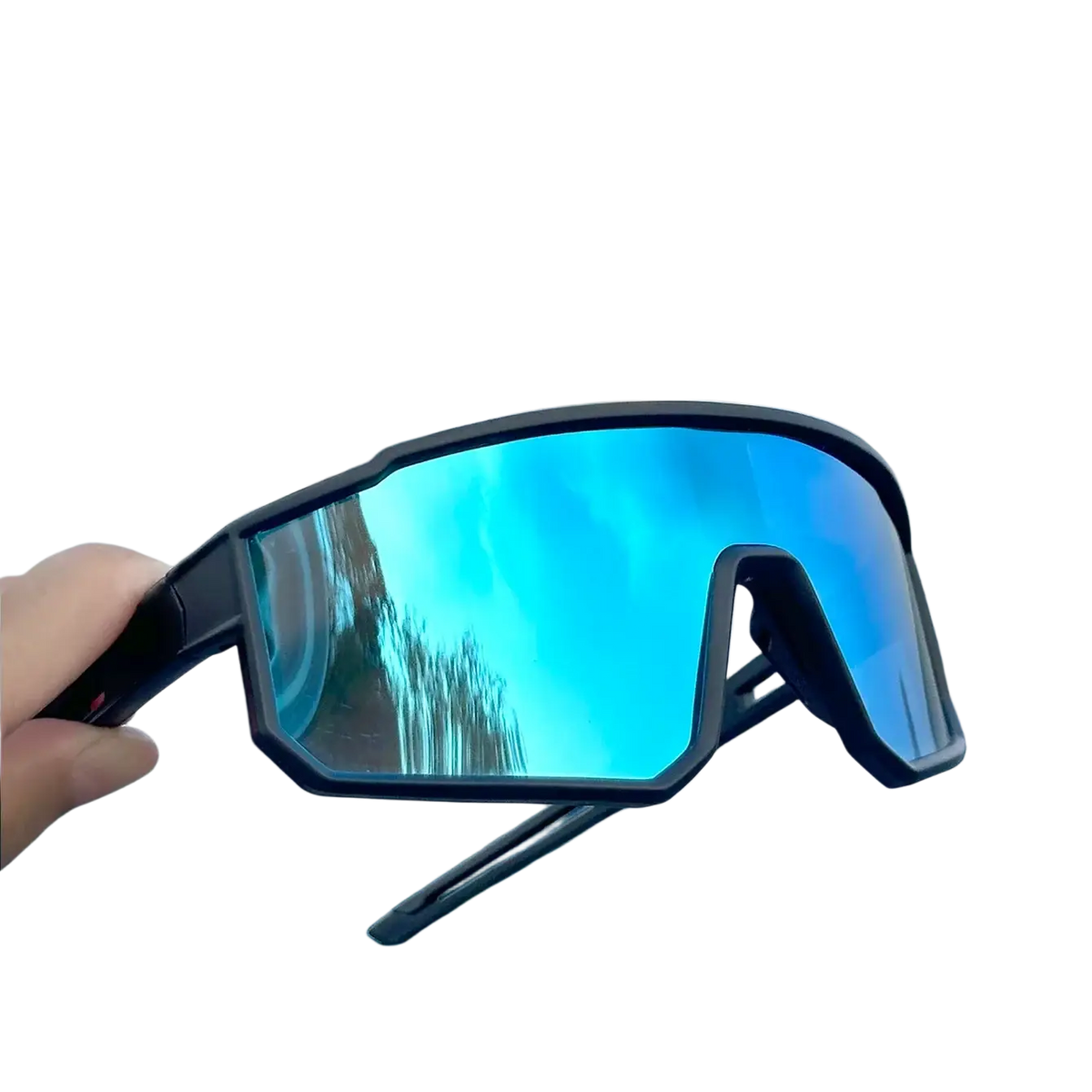 Black-framed sport sunglasses with reflective blue mirrored lenses offering uv protection for cycling and running