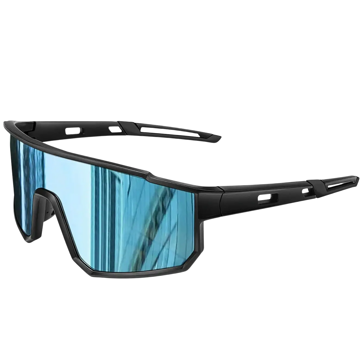 Black-framed sport sunglasses with reflective blue mirrored lenses offering uv protection for cycling and running