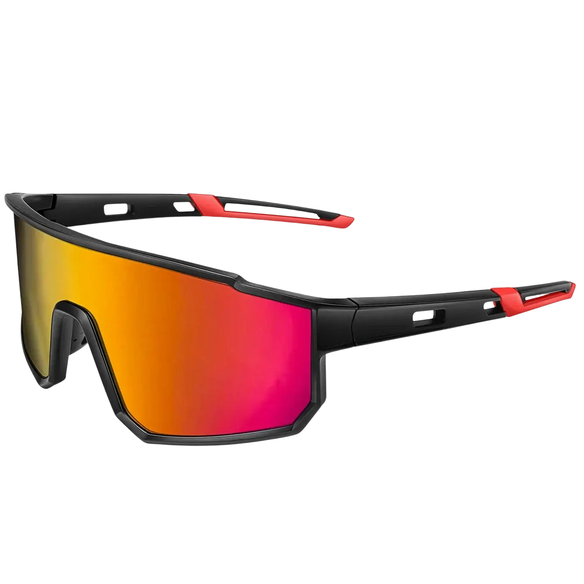 Uv protection sport sunglasses with black and red frame and gradient orange-to-red mirrored lenses for cycling and running