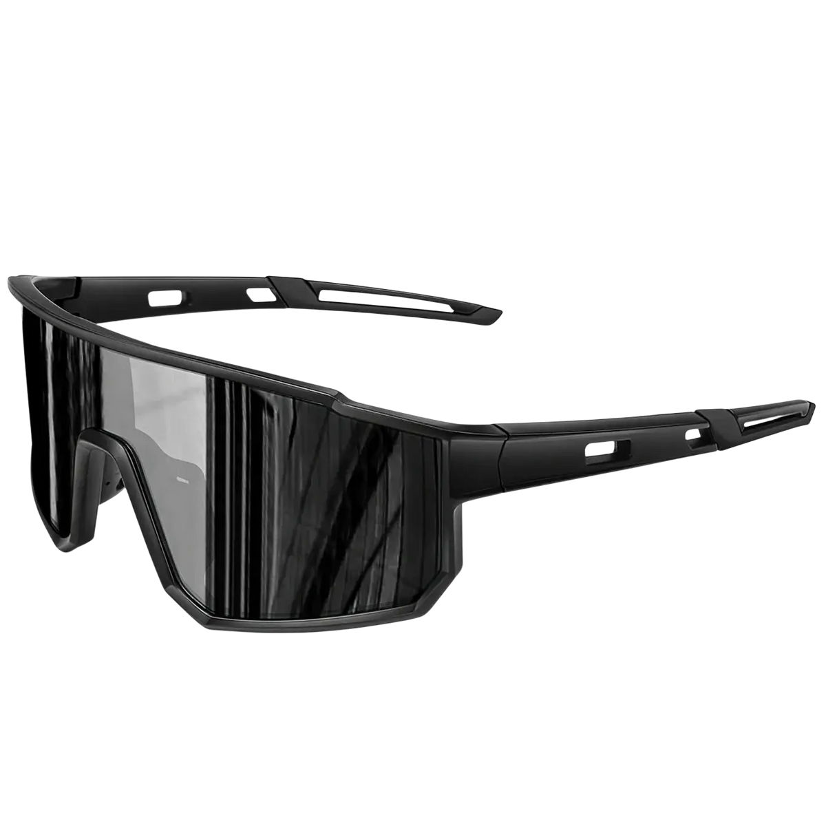 Black sleek full-frame uv protection sport sunglasses with glossy angular design for cycling and running use