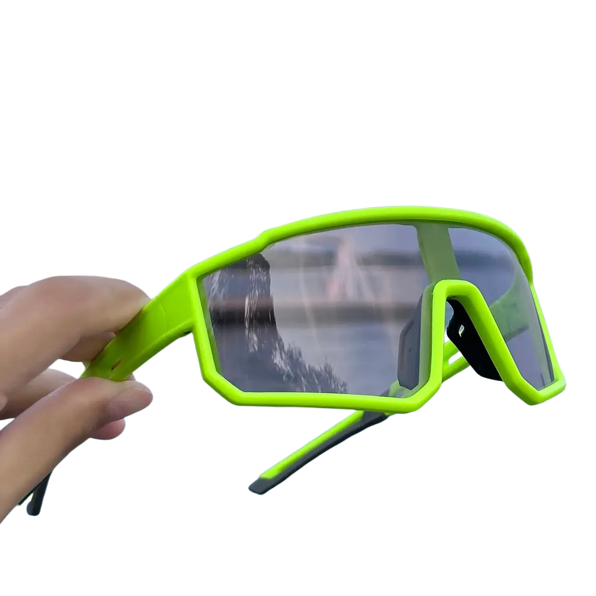 Uv protection sport sunglasses for cycling and running with bright neon green aerodynamic frame and clear lenses