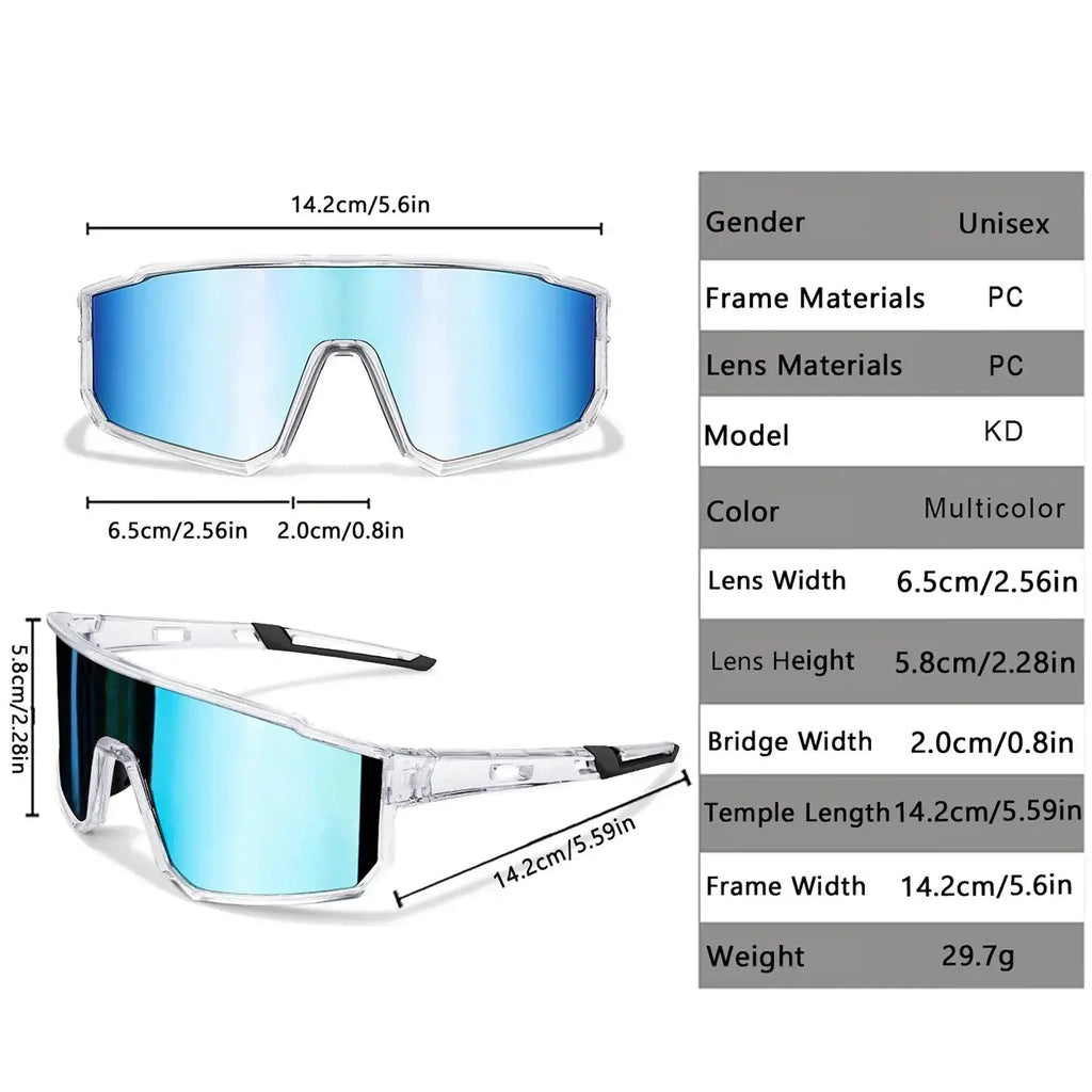 Uv protection sport sunglasses with clear frames multicolored reflective lenses and black temple tips for cycling and running