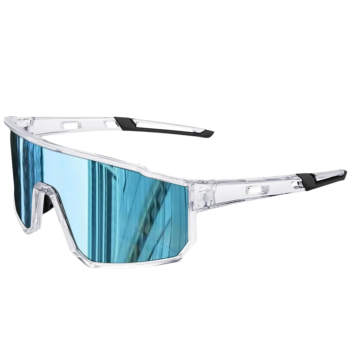 Clear-framed uv protection sport sunglasses with reflective blue mirrored lenses and black temple tips for cycling and running