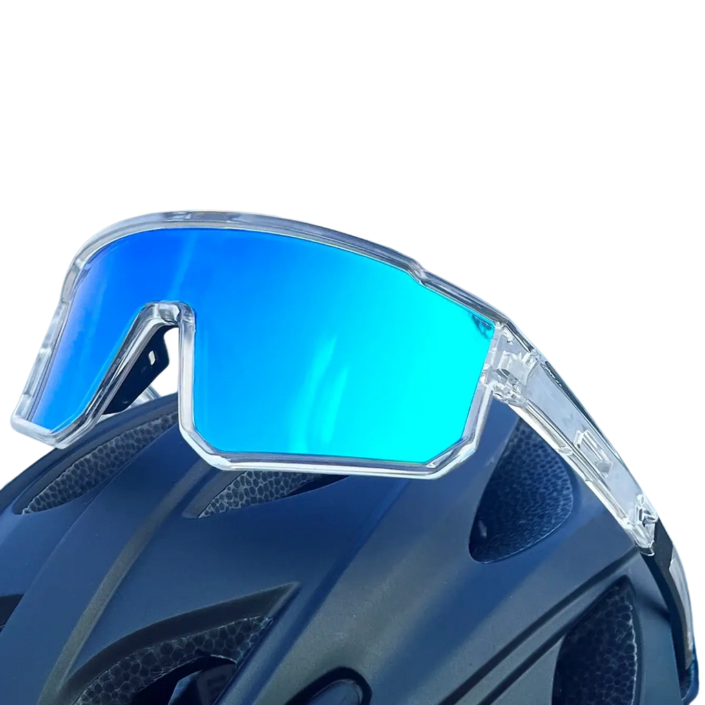 Uv protection sport sunglasses for cycling and running with clear frames and vibrant blue reflective lenses on a black helmet