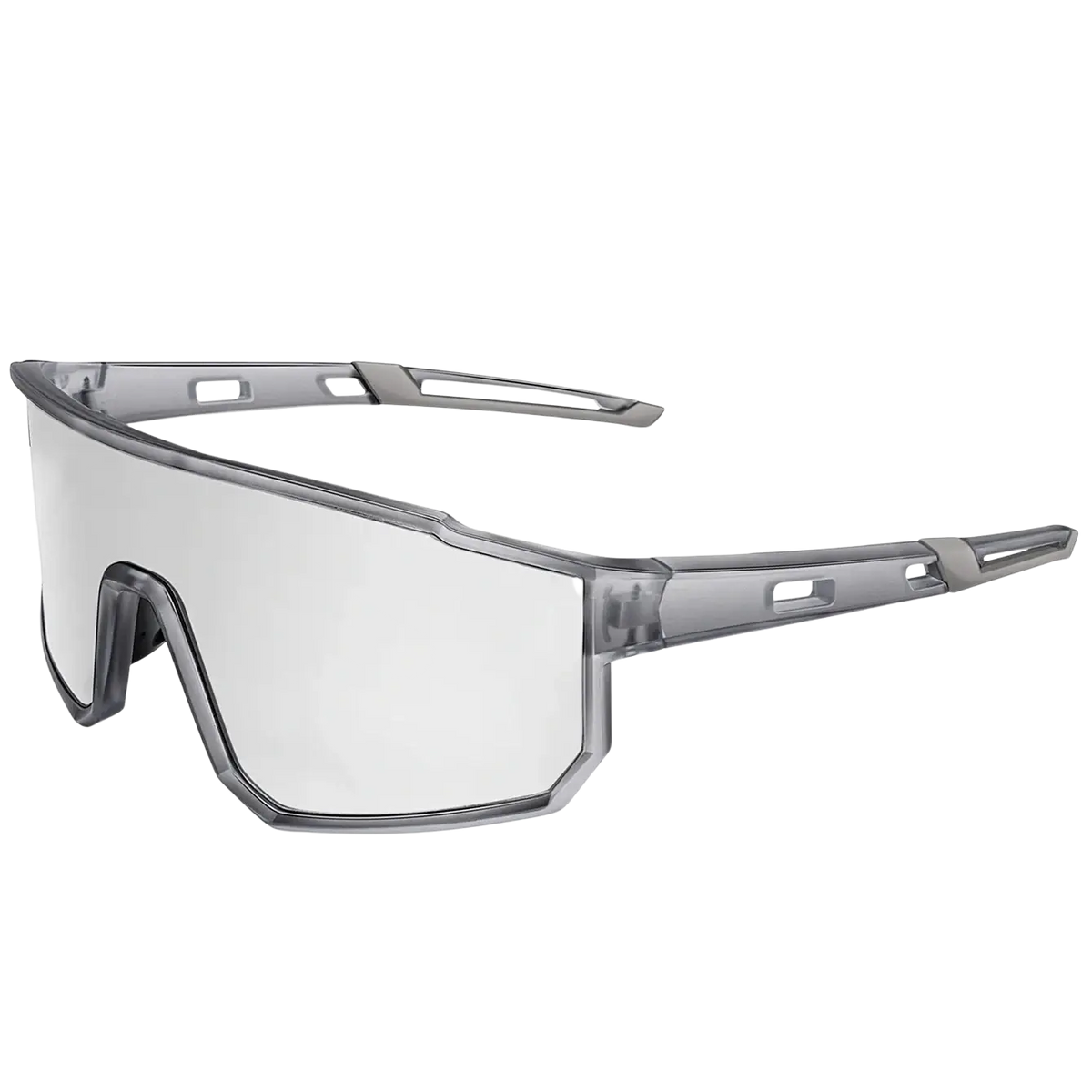 Gray-framed sport sunglasses with clear lenses offering uv protection for cycling and running use